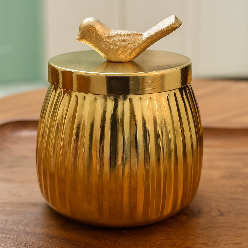 ChatGPT Image Nov 7, 2025, 02_57_08 PM Xclusive Gold Fluted Jar with Bird Accent - Image 1