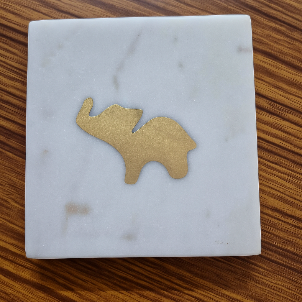 ChatGPT Image Nov 7, 2025, 03_38_31 PM Xclusive Art White Marble Golden Elephant Coaster / Decorative Tile - Image 1