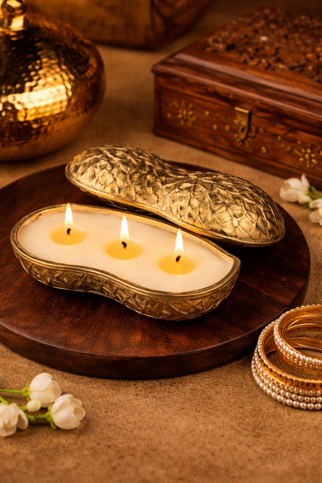 peanut1 Golden Peanut Triple-Wick Candle Holder - Image 1